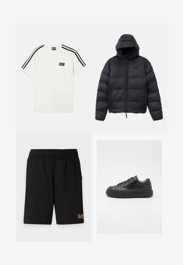 Černá péřová bunda s kapucí, s kvadratickým střihem, prošívanými částmi, zipovými kapsami a malou logem na hrudníku.; Bílá bavlněná tričko s kulatým výstřihem, krátkými rukávy, černými akcentovými pruhy na ramenou a malým logem EA7 na hrudi.; Černé sportovní šortky vyrobené z měkké látky, s elastickým pasem a malým žlutým logem EA7 na dolní části levé nohy.; Černé kožené tenisky s kulatou špičkou, šněrováním v přední části, hladkým povrchem, silnou gumovou podrážkou a kontrastním tan interiérem.