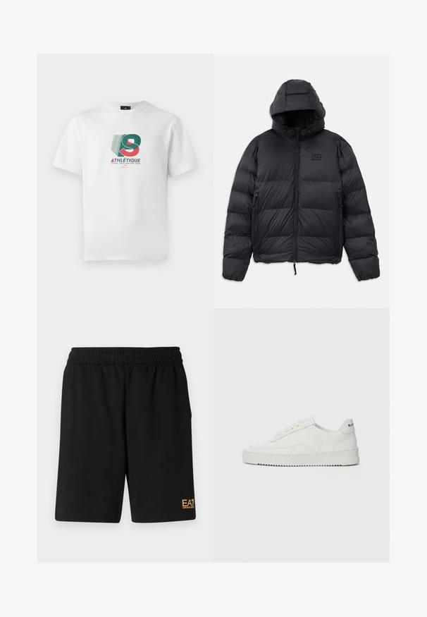 Μαύρο μπουφάν φούτερ με κουκούλα, με κουτί σχήμα, καπιτονέ τμήματα, τσέπες με φερμουάρ και μια μικρή λογοτύπηση στο στήθος.; Άσπρη βαμβακερή μπλούζα T-shirt με πολύχρωμο γραφιστικό σχέδιο που περιλαμβάνει το κείμενο "ATHLÉTIQUE" και ονόματα πόλεων σε κόκκινες, πράσινες και μπλε πινελιές.; Μαύρες αθλητικές βερμούδες από μαλακό ύφασμα, με ελαστική μέση και μικρό λογότυπο EA7 στο κάτω αριστερό πόδι.; Λευκό δερμάτινο sneakers με λείο φινίρισμα, στρογγυλή μύτη, επίπεδα κορδόνια και υφή στην σόλα. Φέρει μια διακριτική λογότυπο στη φτέρνα.