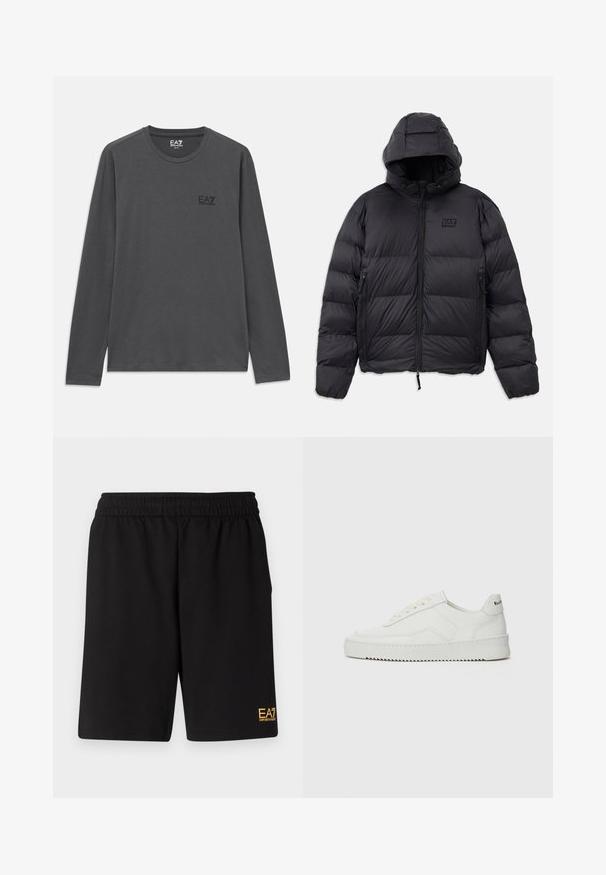 Fekete steppelt dzseki kapucnival, dobozszerű formával, steppelt részekkel, cipzáras zsebekkel és egy kis logóval a mellkason.; Sötétszürke, hosszúujjú, kereknyakú póló, bal mellen kis EA7 Emporio Armani logóval.; Fekete sportnadrág puha anyagból, rugalmas derékkal és egy kis sárga EA7 logóval a bal alsó lábszáron.; Fehér bőr sportcipő sima felülettel, kerek orral, lapos fűzőkkel és texturált talppal. Finom logó található a sarokon.