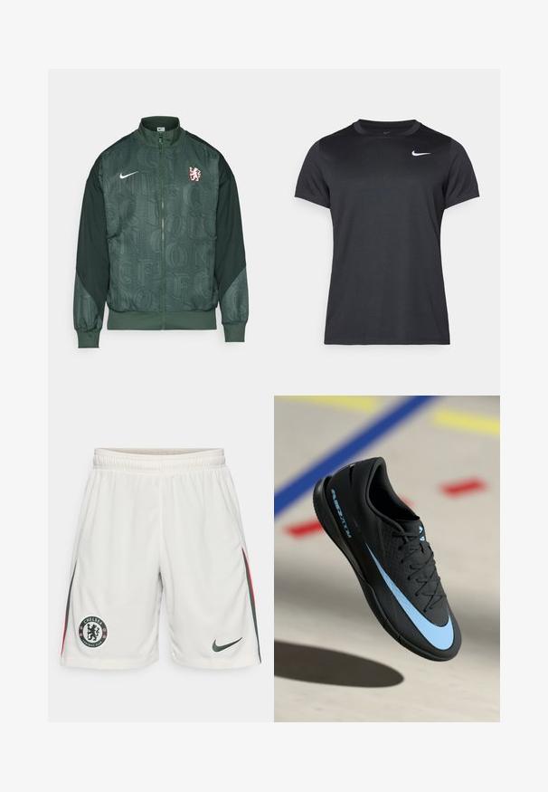 Grön Nike-jacka med hel dragkedja, har strukturerad tyg med upprepade bokstavsmönster, kontrasterande ärmar och en röd lejonlogga.; Svart Nike sport t-shirt med korta ärmar, rund halsringning, slät textur, med en vit logotyp i övre vänstra hörnet.; Vita fotbollsshorts med strukturerad väv, elastisk midja, Chelsea FC-logga och gröna samt röda sidostråk. Nike-logga på nederkant.; Svarta atletiska skor med blåa accenter, strukturerad yta, snörningsdesign och distinkt Nike-logotyp. Gummisula med greppmönster.