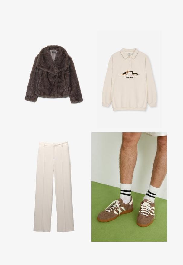 Giacca corta in finta pelliccia marrone con ampio colletto, morbida al tatto e maniche lunghe; presenta dettagli di cucitura orizzontale lungo il corpo.; Kaotiko CREW PUPPIES UNISEX - Polo - beige; Pantaloni a gamba larga in tessuto beige chiaro con una texture liscia. Presentano una vita aderente, pieghe frontali e nessuna tasca visibile.; Sneaker in suede marrone con dettagli e lacci bianchi. Suola in gomma color gomma. Indossati con calzini bianchi con righe nere. Pavimento verde texturizzato.