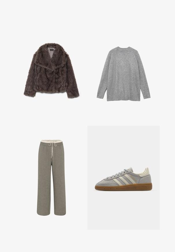 Brun faux fur cropped jakke med en bred krave, blød tekstur og lange ærmer; har horisontale syninger på tværs af kroppen.; Grå strikket sweater lavet af blødt materiale, med en klassisk rund halsudskæring, lange ærmer og ribstrikkede manchetter og kant.; Vidde bukser i lys grå stof. Elastisk talje med snøre. Teksturfinish, ingen synlige mønstre eller accenter.; Grå suedet sko med lysegrå læderstriber og en gummigummisole. Funktioner inkluderer snørebåndslukning og subtil branding på tungen.