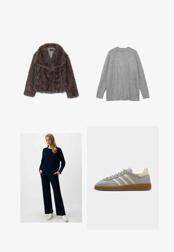 Brązowa kurtka z sztucznego futra, krótka, z szerokim kołnierzem, miękką teksturą i długimi rękawami; posiada poziome przeszycia na całej powierzchni.; Szary sweter z dzianiny wykonany z miękkiego materiału, z klasycznym okrągłym dekoltem, długimi rękawami oraz żebrowanymi mankietami i dolnym brzegiem.; Granatowy sweter z dzianiny i dopasowane szerokie spodnie. Teksturalna tkanina, okrągły dekolt i boczne kieszenie. Zestawione z białymi trampkami.; Szare zamszowe trampki z jasnoszarymi skórzanymi paskami i gumową podeszwą. Wśród cech znajduje się zapięcie na sznurowadła oraz subtelna marka na języku.