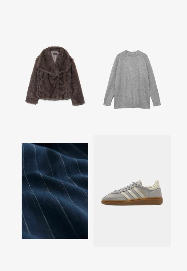 Brązowa kurtka z sztucznego futra, krótka, z szerokim kołnierzem, miękką teksturą i długimi rękawami; posiada poziome przeszycia na całej powierzchni.; Szary sweter z dzianiny wykonany z miękkiego materiału, z klasycznym okrągłym dekoltem, długimi rękawami oraz żebrowanymi mankietami i dolnym brzegiem.; Granatowy materiał z cienkimi białymi pionowymi pasami, ukazujący gładką strukturę i subtelny połysk, złożony w taki sposób, aby podkreślić swój spadek i miękkość.; Szare zamszowe trampki z jasnoszarymi skórzanymi paskami i gumową podeszwą. Wśród cech znajduje się zapięcie na sznurowadła oraz subtelna marka na języku.