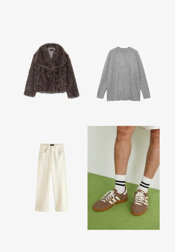 Bruine nepbont cropped jack met een brede kraag, zachte textuur en lange mouwen; toont horizontale stikdetails over het lichaam.; Grijze gebreide trui van zacht materiaal, met een klassieke ronde halslijn, lange mouwen en geribde manchetten en zoom.; Wijd uitlopende broek in een lichtbeige denim, met een knoopsluiting, vijf zakken en een gladde textuur. Eenvoudig en modern ontwerp.; Bruine suède sneakers met witte accenten en veters. Rubberen gumzool. Draag met witte sokken met zwarte strepen. Groene gestructureerde vloer.