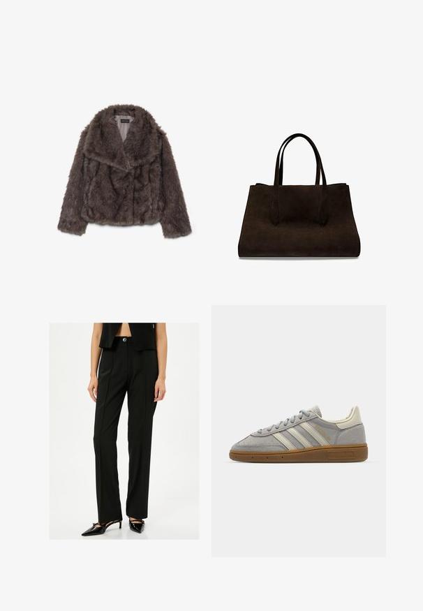 Brun syntetisk pälskort jacka med bred krage, mjuk textur och långa ärmar; visar horisontell sömnadsdetalj över kroppen.; Grå stickad tröja gjord av mjukt material, med en klassisk rund halsringning, långa ärmar och ribbade muddarna och kanten.; Svarta skräddarsydda byxor med rak passform, som har framfickor med vecket och knappstängning. Tyget har en slät struktur.; Grå mockasneakers med ljusgrå läderlinjer och en gummigummi-sula. Funktioner inkluderar snörning och diskret logotyp på tungan.; Brun mockaskinnhandväska med förlängda handtag, rektangulär form och en slät yta. Ingen synlig hårdvara eller dekorationer.