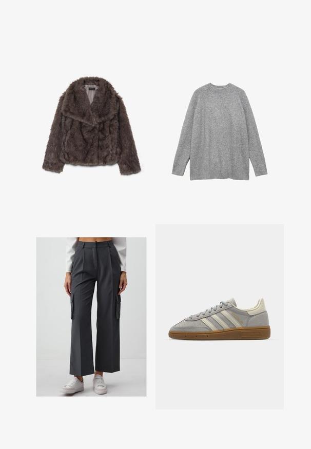 Giacca corta in finta pelliccia marrone con ampio colletto, morbida al tatto e maniche lunghe; presenta dettagli di cucitura orizzontale lungo il corpo.; Maglione grigio lavorato a maglia, realizzato in materiale morbido, con un classico scollo a girocollo, maniche lunghe e polsini e orlo a costine.; Pantaloni cargo grigi a gamba larga realizzati in tessuto morbido, con due tasche laterali e un'alta vita. Abbinati a sneakers bianche.; Sneakers in suede grigio con strisce in pelle grigia chiara e suola in gomma color gomma. Le caratteristiche includono chiusura con lacci e branding sottile sulla linguetta.
