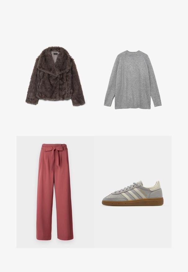Hnedá umelá kožušina skrátená bunda so širokým golierom, mäkkou textúrou a dlhými rukávmi; zobrazuje horizontálne švy po celom tele.; Sivý pletený sveter vyrobený z mäkkého materiálu, s klasickým výstrihom do okrúhla, dlhými rukávmi a rebrovanými manžetami a spodným okrajom.; Široké nohavice v prachovo ružovej farbe, vyrobené z mäkkej tkaniny, s viazaným opaskom v páse a bočnými vreckami.; Šedé semišové tenisky s svetlosivými koženými pruhmi a gumovou podrážkou. Medzi vlastnosti patrí šnurovanie a jemné logo na jazyku.