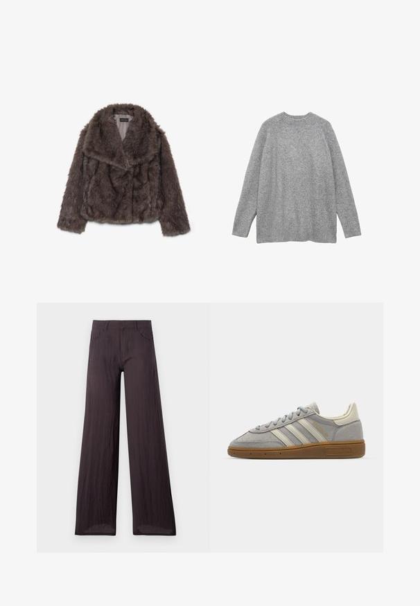 Giacca corta in finta pelliccia marrone con ampio colletto, morbida al tatto e maniche lunghe; presenta dettagli di cucitura orizzontale lungo il corpo.; Maglione grigio lavorato a maglia, realizzato in materiale morbido, con un classico scollo a girocollo, maniche lunghe e polsini e orlo a costine.; Pantaloni a gamba larga grigi scuri realizzati in un tessuto leggero e testurizzato con una finitura liscia, dotati di tasche frontali e una vita classica.; Sneakers in suede grigio con strisce in pelle grigia chiara e suola in gomma color gomma. Le caratteristiche includono chiusura con lacci e branding sottile sulla linguetta.