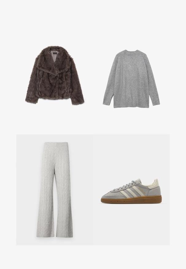 Veste cropped en fausse fourrure marron avec un large col, texture douce et manches longues ; présente des détails de couture horizontale sur le corps.; Pull en tricot gris en matière douce, avec un col rond classique, des manches longues et des bords côtelés au niveau des poignets et de l'ourlet.; Pantalons larges en tricot côtelé gris avec un motif texturé et une taille élastique, dotés d'une finition en tissu doux.; Baskets en suède gris avec des rayures en cuir gris clair et une semelle en caoutchouc caramel. Les caractéristiques incluent un laçage et un branding discret sur la languette.