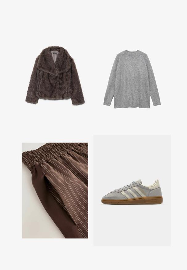 Ruskea tekoturkishihatuksi, jossa on leveä kaulus, pehmeä pinta ja pitkät hihat; näyttää vaakasaumojen yksityiskohtia vartalon ympäri.; Harso neulepaita pehmeästä materiaalista, jossa on klassinen pyöreä pääntie, pitkät hihat ja resorit hihansuissa sekä helmassa.; Ruskea laskostettu hame, jossa on joustava vyötärö, ja jossa on pystysuoria raitoja vaaleammissa sävyissä. Sileä pinta, kangas laskeutuu pehmeästi.; Harmaat mokka-tennarit, joissa on vaaleanharmaat nahkaviivat ja kumipohja. Ominaisuuksiin kuuluvat nauhakiinnitys ja huomaamaton brändäys kielen kohdalla.