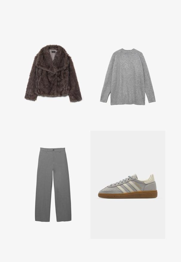 Braune Kunstpelz-Cropped-Jacke mit breitem Kragen, weicher Textur und langen Ärmeln; zeigt horizontale Nahtdetails über den Körper.; Grauer Strickpullover aus weichem Material, mit klassischem Rundhalsausschnitt, langen Ärmeln und gerippten Bündchen sowie Saum.; Hellgraue Hosen mit weitem Bein aus einem glatten, strukturierten Stoff, mit einer vorderen Knopfverschlussleiste und Gürtelschlaufen an der Taille.; Graue Wildledersneaker mit hellgrauen Lederstreifen und einer Sohle aus Gummi. Zu den Merkmalen gehören eine Schnürung und dezente Markenkennzeichnung auf der Zunge.