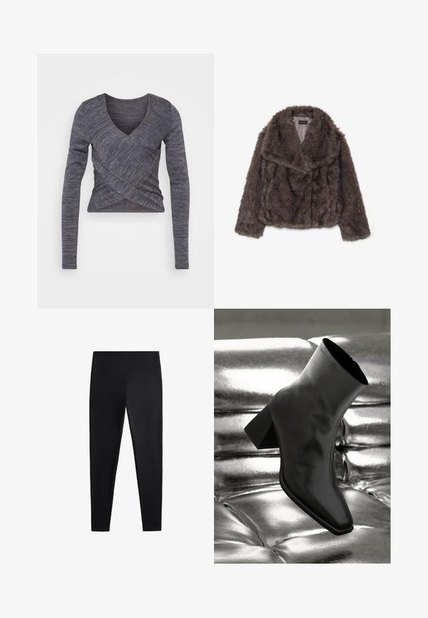 Hnědá umělá kožichová korta s širokým límcem, měkkou texturou a dlouhými rukávy; na těle je vidět horizontální šití.; Dlouhý rukáv, tmavě šedý pletený top s výstřihem do V a překříženým designem, s texturovaným vzorem a přiléhavým střihem.; Černé legíny vyrobené z hladkého, elastického materiálu. Mají široký pas a zúžený střih nohavic, vhodné pro aktivní nebo volnočasové nošení.; Černá kotníková bota vyrobená z lesklého materiálu se čtveratou špičkou a zúženým podpatkem, umístěná na lesklém stříbrném prošívaném pozadí.