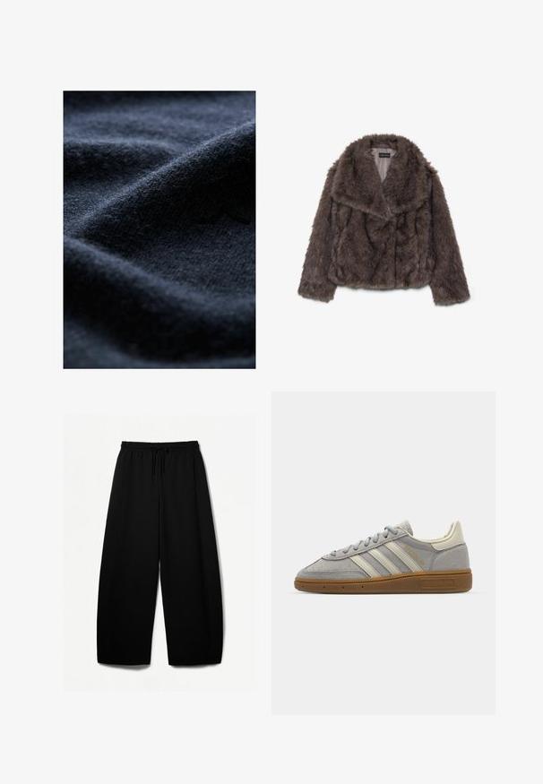 Ruskea tekoturkishihatuksi, jossa on leveä kaulus, pehmeä pinta ja pitkät hihat; näyttää vaakasaumojen yksityiskohtia vartalon ympäri.; Merinovillakankaan tummansininen väri, pehmeä ja teksturoitu pinta, jossa on viehättäviä poimuja ja hieno kiilto, mikä korostaa sen lämmintä ja mukavaa laatua.; Mustat leveät housut, joissa on joustava vyötärö ja kiristysnauha. Pehmeä kangas, jossa on sileä pinta. Suora leikkaus, jossa on sivusaumat.; Harmaat mokka-tennarit, joissa on vaaleanharmaat nahkaviivat ja kumipohja. Ominaisuuksiin kuuluvat nauhakiinnitys ja huomaamaton brändäys kielen kohdalla.