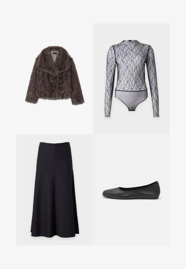 Jaqueta cropped de pelúcia castanha com um colarinho largo, textura suave e mangas longas; apresenta um detalhe em costura horizontal ao longo do corpo.; Bodysuit preto de manga longa em renda transparente com padrões florais. Apresenta um decote alto e um acabamento em preto contrastante nas bordas e na bainha.; Saias evasê pretas feitas de um tecido suave, apresentando uma superfície lisa, corte até ao joelho e um design simples e clean, sem fechos visíveis.; Bailarina preta em pele com bico arredondado, textura suave, detalhe de costura minimalista e design de sola flexível.