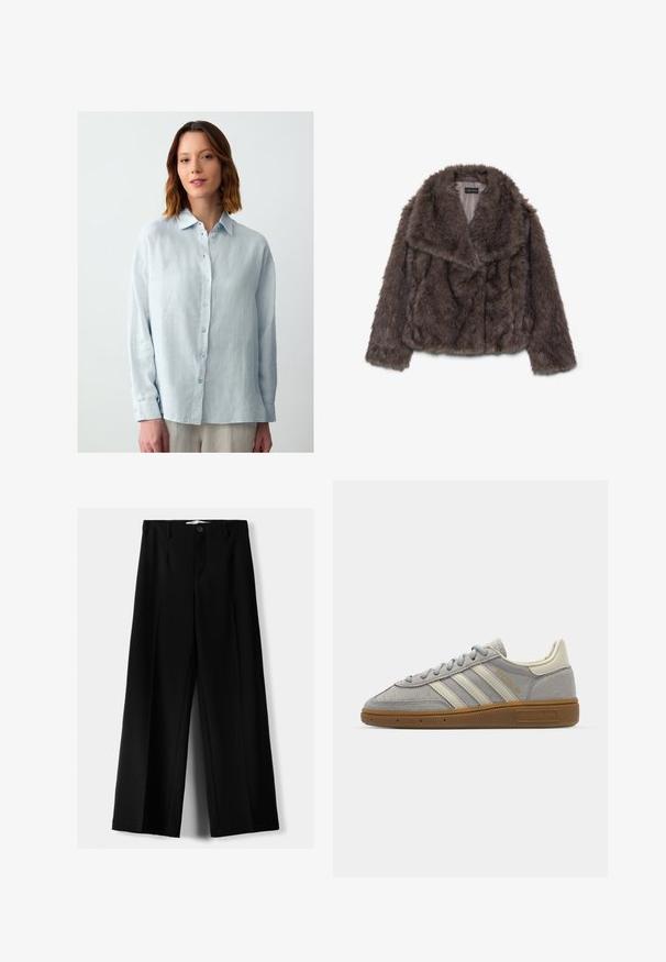 Braune Kunstpelz-Cropped-Jacke mit breitem Kragen, weicher Textur und langen Ärmeln; zeigt horizontale Nahtdetails über den Körper.; Himmelblaues, langärmliges Hemd mit Knöpfen aus strukturiertem Stoff, mit einem Kragen und dezenter glänzender Oberfläche; hat passende Knöpfe.; Schwarze weite Hosen aus leichtem Stoff, mit einem Knopfverschluss vorne und flachem Bund, mit sorgfältig genähten Säumen.; Graue Wildledersneaker mit hellgrauen Lederstreifen und einer Sohle aus Gummi. Zu den Merkmalen gehören eine Schnürung und dezente Markenkennzeichnung auf der Zunge.