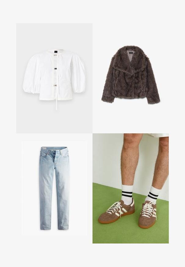 Giacca corta in finta pelliccia marrone con ampio colletto, morbida al tatto e maniche lunghe; presenta dettagli di cucitura orizzontale lungo il corpo.; Giacca bianca con maniche a sbuffo, dalla linea dritta, con chiusura anteriore con fibbie metalliche e scollatura rotonda. Tessuto di cotone liscio.; Jeans in denim blu chiaro con taglio dritto, due tasche frontali e due tasche posteriori. Include una chiusura a due bottoni e cuciture sottili.; Sneaker in suede marrone con dettagli e lacci bianchi. Suola in gomma color gomma. Indossati con calzini bianchi con righe nere. Pavimento verde texturizzato.