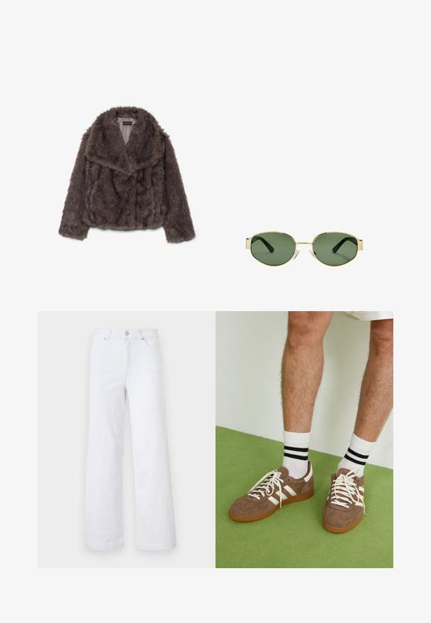 Kratka smeđa umetna krznena jakna s širokim ovratnikom, mekanom teksturom i dugim rukavima; prikazuje horizontalne šavove duž tijela.; Dugi rukav s majicom od boje krem, s blagim nabráním sa strane i klasičnim ovratnikom. Glatka tekstura, jednostavan dizajn.; Bijele traperice širokog kroja imaju patentni zatvarač, kopčanje na dugme, dva prednja džepa i čist dizajn bez ukrasa.; Smeđe nubuk tenisice s bijelim detaljima i vezicama. Gumeni potplat. Nosene s bijelim čarapama s crnim prugama. Zeleno teksturirano pod.; Smešak sunčanih naočala s okvirom zlatne boje i zelenim nijansama, ovalnog oblika, crnim drškama i prozirnim jastučićima za nos. Čist, minimalistički dizajn.