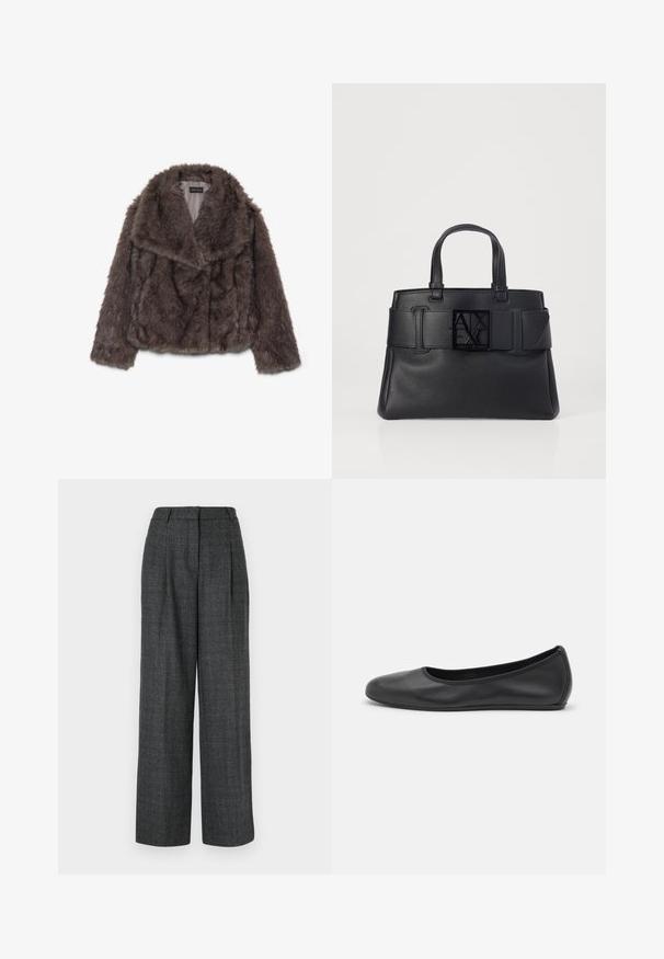 Jachetă scurtă din blană sintetică de culoare maro, cu un guler larg, textură moale și mâneci lungi; prezintă detalii de cositură orizontală pe întreaga suprafață.; Tricou gri cu mânecă lungă, realizat dintr-un material ușor, având un gât rotund texturat și un design cu dungi semi-transparente pe torace.; Pantaloni gri cu picioare largi, dintr-un material texturat, cu pliuri frontale, talie înaltă și croială ajustată pentru un aspect structurat.; Balerini din piele neagră, cu vârf rotund, textură netedă, detalii de cusătură minimale și un design al tălpii flexibil.; Geantă tote din piele neagră, cu un finisaj texturat, curea lată cu detaliu de cataramă și un logo pătrat în față. Două mânere superioare.