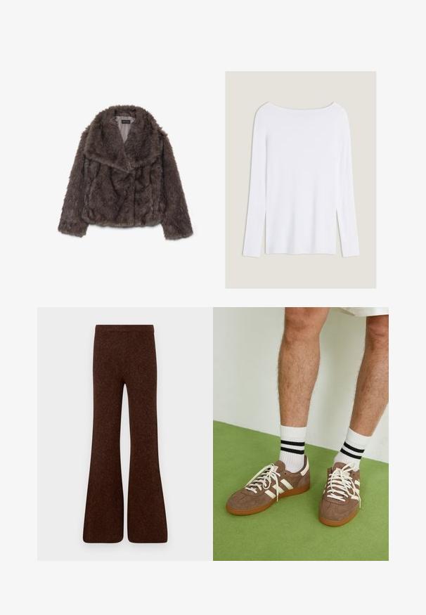 Veste cropped en fausse fourrure marron avec un large col, texture douce et manches longues ; présente des détails de couture horizontale sur le corps.; Haut à manches longues blanc avec un large décolleté, des fentes latérales et un tissu lisse et léger, présentant un design simple et minimaliste.; Pantalons évasés marron en tissu texturé, avec une taille haute et une finition lisse, présentant une silhouette à jambe large. Pas de matériel visible.; Baskets en daim marron avec des accents et des lacets blancs. Semelle en caoutchouc gomme. Portées avec des chaussettes blanches à rayures noires. Sol texturé vert.