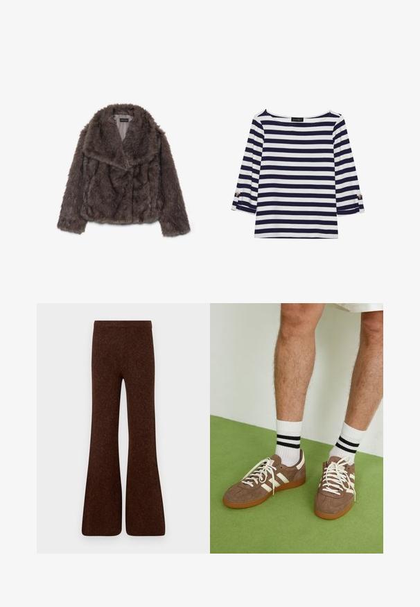 Brun faux fur cropped jakke med en bred krave, blød tekstur og lange ærmer; har horisontale syninger på tværs af kroppen.; Marineblå og hvide stribede langærmede top med bådudskæring og guldknapdetaljer på opsmøgede ærmer. Blødt stof, afslappet pasform.; Brune vide bukser lavet af tekstureret stof, med høj talje og en glat overflade, samt en bred ben silhuet. Ingen synlig hardware.; Brune ruskind sneakers med hvide detaljer og snørebånd. Gummisål i naturgummi. Båret med hvide sokker med sorte striber. Grøn struktureret gulv.