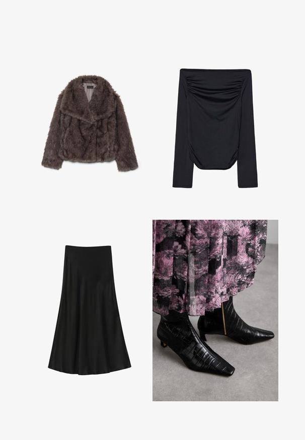 Braune Kunstpelz-Cropped-Jacke mit breitem Kragen, weicher Textur und langen Ärmeln; zeigt horizontale Nahtdetails über den Körper.; Schwarzes Off-Shoulder-Oberteil mit langen Ärmeln, das über geraffte Details an der Vorderseite und eine glatte Textur verfügt. Leichtes Material mit figurbetonter Passform.; Schwarzer Rock aus glattem Stoff; A-Linie mit einem ausladenden Saum, hoch sitzender Taille und ohne sichtbare Verschlüsse oder Muster.; Schwarze Leder-Ankle-Boots mit Krokodilstruktur, spitzer Zehenform und kleinem Blockabsatz; mit einem goldenen Reißverschlussakzent an der Seite.