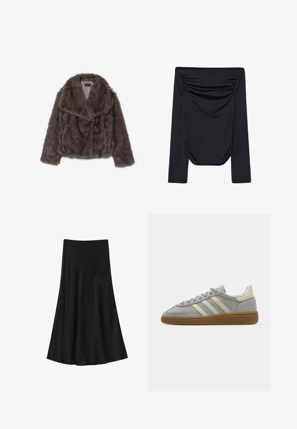 Ruskea tekoturkishihatuksi, jossa on leveä kaulus, pehmeä pinta ja pitkät hihat; näyttää vaakasaumojen yksityiskohtia vartalon ympäri.; Mustat olkainless pitkähihainen paita, jossa on rypytetty yksityiskohta edessä ja sileä pinta. Kevyt materiaali, joka on muotoiltu kiinteästi.; Musta hame, joka on valmistettu sileästä kankaasta; A-linjainen muoto, jossa on levenevä helma, korkea vyötärö ja ei näkyviä kiinnityksiä tai kuvioita.; Harmaat mokka-tennarit, joissa on vaaleanharmaat nahkaviivat ja kumipohja. Ominaisuuksiin kuuluvat nauhakiinnitys ja huomaamaton brändäys kielen kohdalla.