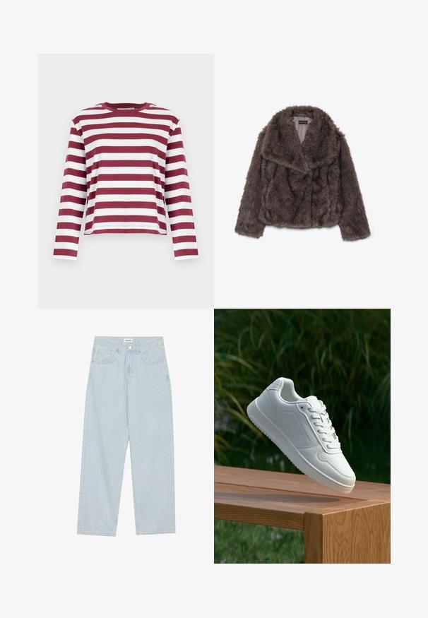 Kratka smeđa umetna krznena jakna s širokim ovratnikom, mekanom teksturom i dugim rukavima; prikazuje horizontalne šavove duž tijela.; Selected Femme SLFESSENTIAL BOXY TEE - Top dugih rukava - zinfandel; Svijetloplave široke traperice s srednjim strukom, pet džepova i zatvaranjem na gumba s uskim metalnim detaljem.; Bijela tenisica sa glatkim sintetičkim gornjim dijelom, perforiranim prednjim dijelom, ravnim vezicama i teksturiranom potplatom, prikazana na drvenoj površini.