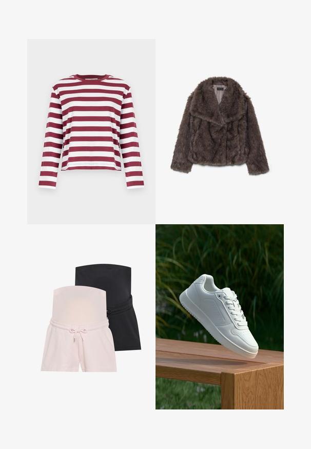 Kratka smeđa umetna krznena jakna s širokim ovratnikom, mekanom teksturom i dugim rukavima; prikazuje horizontalne šavove duž tijela.; Selected Femme SLFESSENTIAL BOXY TEE - Top dugih rukava - zinfandel; Dva para trudničkih kratkih hlača: jedan u rozoj, drugi u crnoj boji. Obje imaju elastičnu struk i vezicu za prilagodljivo korištenje.; Bijela tenisica sa glatkim sintetičkim gornjim dijelom, perforiranim prednjim dijelom, ravnim vezicama i teksturiranom potplatom, prikazana na drvenoj površini.