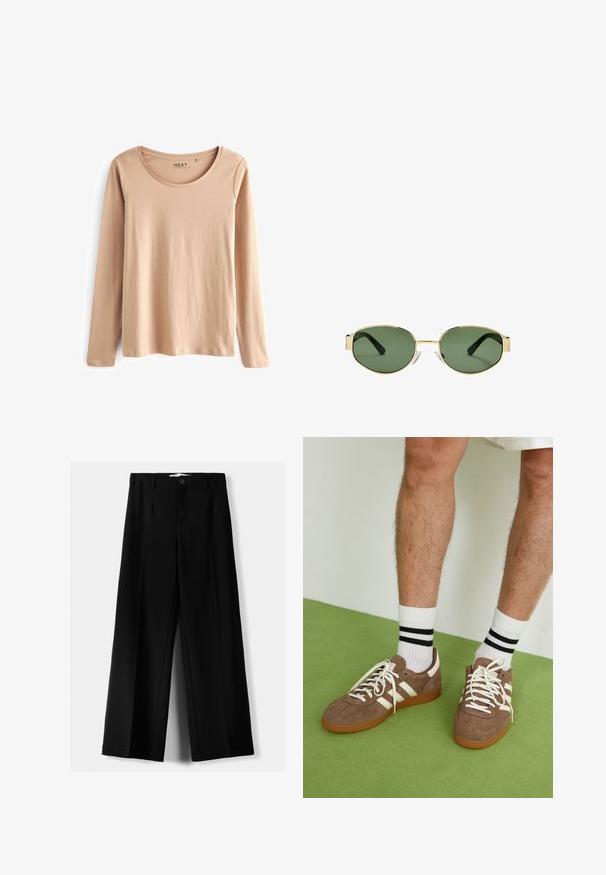 Braune Kunstpelz-Cropped-Jacke mit breitem Kragen, weicher Textur und langen Ärmeln; zeigt horizontale Nahtdetails über den Körper.; Next LONG SLEEVE STANDARD - Langarmshirt - neutral; Schwarze weite Hosen aus leichtem Stoff, mit einem Knopfverschluss vorne und flachem Bund, mit sorgfältig genähten Säumen.; Braune Wildleder-Sneaker mit weißen Akzenten und Schnürsenkeln. Gummisohle in Kautschuk-Optik. Getragen mit weißen Socken, die schwarze Streifen haben. Grüner strukturierter Fußboden.; Sonnenbrille mit goldfarbenem Metallrahmen, grünen getönten Gläsern, ovaler Form, schwarzen Bügeln und klaren Nasenpads. Sauberes, minimalistisches Design.