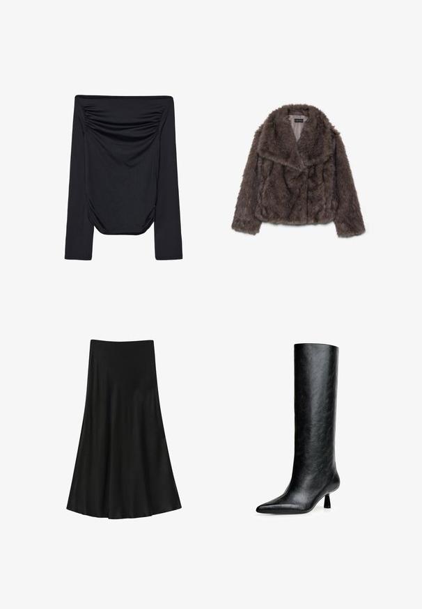 Brun syntetisk pälskort jacka med bred krage, mjuk textur och långa ärmar; visar horisontell sömnadsdetalj över kroppen.; Svart off-shoulder långärmad topp med samlad detalj framtill och slät textur. Lätt material med figurnära passform.; Svart kjol tillverkad av smidig tyg; A-linjeform med en utflädd nederkant, med hög midja och utan synliga knäppningar eller mönster.; Svart knähög stövel tillverkad av texturerat läder. Har en spetsig tå och en liten, utsvängd klack. Snygg, slät design med minimala detaljer.
