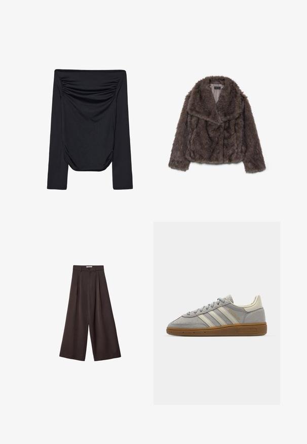 Rjava umetna krznena jakna s skrajšanim krojem in širokim ovratnikom, mehko teksturo in dolgimi rukavi; prikazuje vodoravne šive po celotni površini.; Črni top z dolgimi rokavi, brez naramnic, z nabranimi detajli spredaj in gladko teksturo. Lahkoten material s prilegnjeno obliko.; Črne široke hlače z visokim pasom, ki vsebujejo sprednje nabore in z gumbom za zapiranje na pasu, izdelane iz gladkega materiala.; Sive športne copate iz semiša z svetlosivimi usnjenimi črtami in gumijastim podplatom. Značilnosti vključujejo vezalni sistem in subtilno blagovno oznako na jezičku.