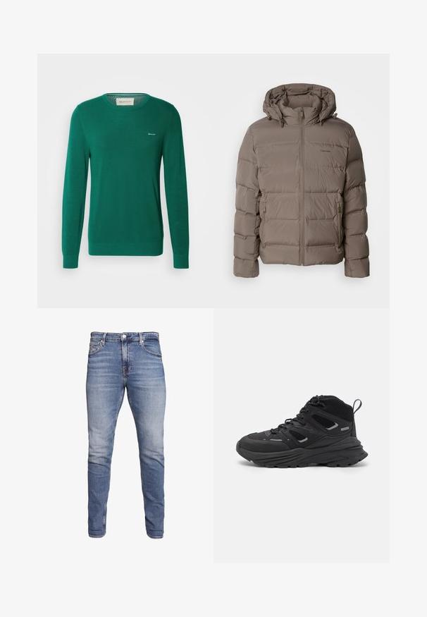 Kurtka puchowa w stonowanym beżu, z kapturem, z przodu na zamek błyskawiczny oraz bocznymi kieszeniami na zamek. Wykonana z pikowanego, ocieplonego materiału zapewniającego ciepło.; Zielony sweter robiony na drutach z długimi rękawami, okrągłym dekoltem i teksturowanym wzorem. Ma małe białe logo na lewej piersi.; Niebieskie dżinsy slim-fit z pięcioma kieszeniami, wyblakłe, z zapięciem na guzik i szlufkami na pasek, wyeksponowane na białym tle.; Czarne buty trekkingowe z warstwowym wzornictwem, teksturowanym materiałem i gumową podeszwą, z wzmocnionymi obszarami i sznurowanym przodem.