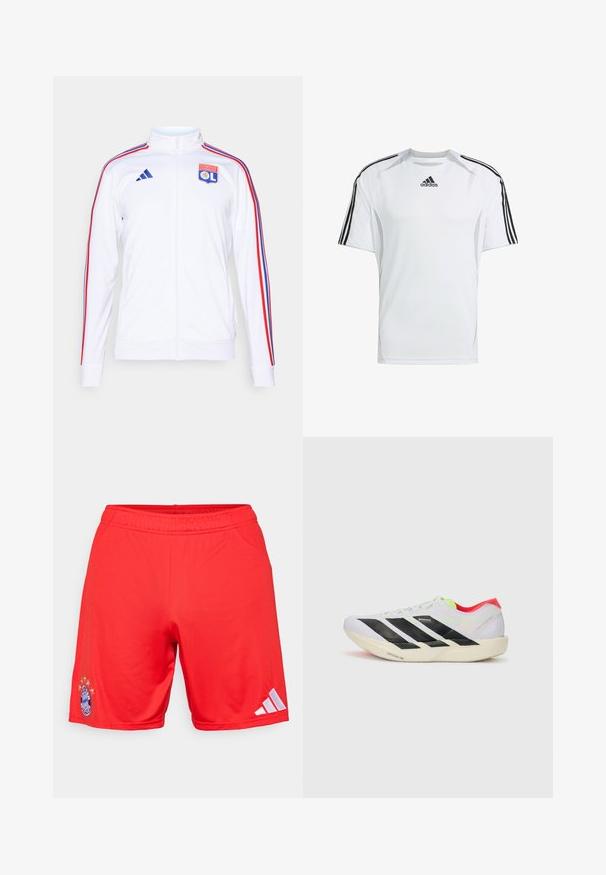 Witte sportjacket met rits, voorzien van rode en blauwe strepen op de mouwen, en een logo van Olympique Lyonnais op de borst. Gemaakt van synthetisch materiaal.; Witte sportieve t-shirt met korte mouwen en zwarte Adidas drie-strepen accenten op de schouders, gemaakt van gladde, lichte stof.; Rode sportshorts gemaakt van soepel materiaal, met een geborduurd logo en vijf sterren daarboven, met witte Adidas-strepen aan de zijkant.; Witte hardloopschoen met zwarte strepen, neon groene accenten en een rode hak. Beschikt over een lichtgewicht ontwerp en een gestructureerde zool voor grip.