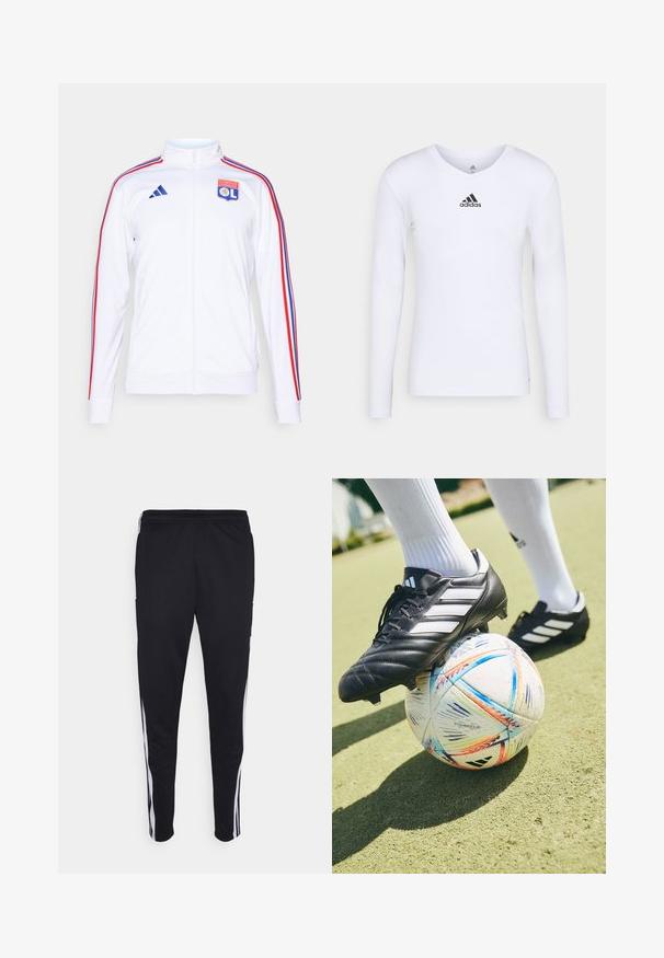 Chaqueta atlética blanca con cremallera, con franjas rojas y azules en las mangas, y un logo del Olympique Lyonnais en el pecho. Fabricada en material sintético.; Camiseta deportiva de manga larga blanca, fabricada con material suave, que presenta un logo negro de Adidas en el pecho; diseño de cuello en V y forma ajustada.; Pantalones deportivos negros con un ajuste relajado, que cuentan con franjas laterales blancas, una cintura con cordón y dos bolsillos laterales. Hechos de tela suave.; Botín de fútbol negro con tres franjas blancas descansando sobre un balón de fútbol multicolor con patrones visibles, sobre una superficie parecida a la hierba.