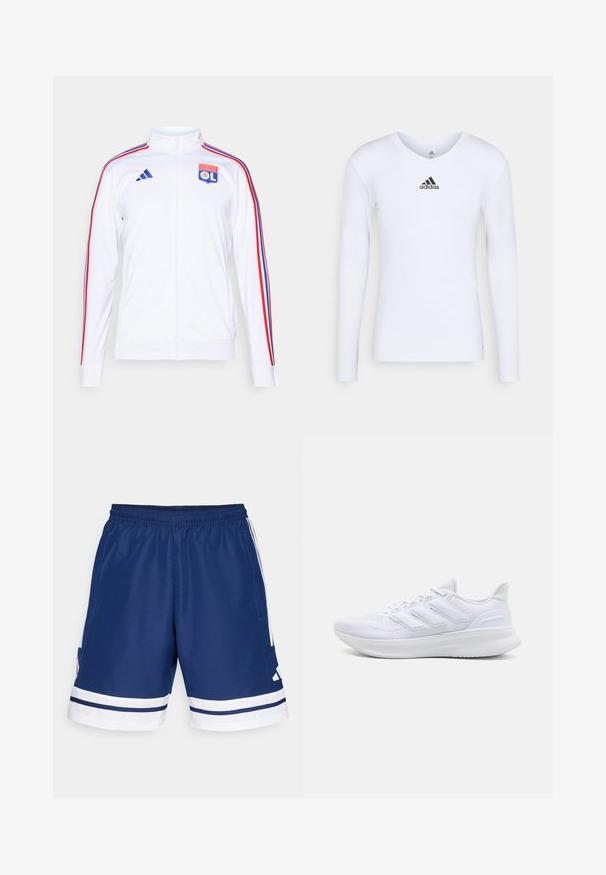 White athletic jacket with zip, featuring red and blue stripes on sleeves, and an Olympic Lyonnais logo on the chest. Made from synthetic material.; Long-sleeve white athletic shirt made of smooth material featuring a black Adidas logo at the chest; V-neck design and fitted shape.; Navy athletic shorts with a stretchy waistband, white accents, and side pockets. Features white stripes at the hem. Polyester material.; White athletic shoes featuring a textured mesh upper, supportive cushioned sole, and three stripe design on the side.