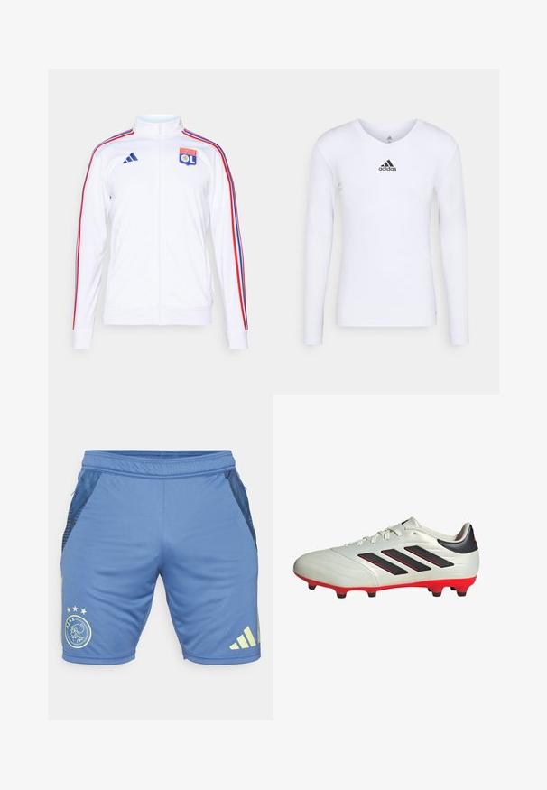 Weiße Sportjacke mit Reißverschluss, mit roten und blauen Streifen an den Ärmeln und einem Olympique Lyonnais Logo auf der Brust. Hergestellt aus synthetischem Material.; Langärmliges weißes Sportshirt aus glattem Material mit einem schwarzen Adidas-Logo auf der Brust; V-Ausschnitt-Design und figurbetonte Form.; Blaue Sportshorts aus glattem Stoff mit Netz-Einsätzen an den Seiten. Mit einem Logo und gelben Sternen auf der Vorderseite sowie Branding an der Seite.; Weißer Fußballschuh mit schwarzen Akzenten und roter Sohle. Verfügt über drei schwarze Streifen an der Seite und ein glattes Obermaterial.
