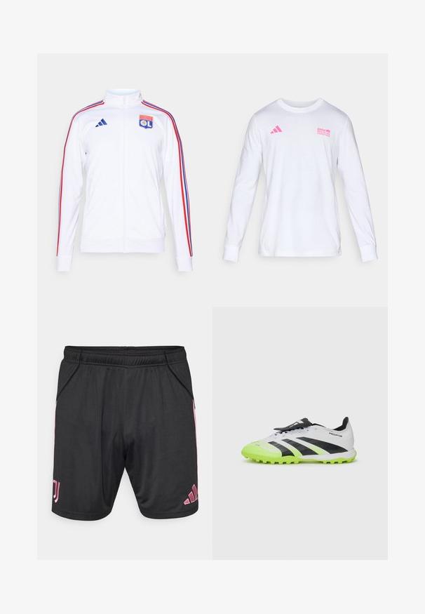 Jachetă sportivă albă cu fermoar, cu dungi roșii și albastre pe mâneci și cu logo-ul Olympique Lyonnais pe piept. Fabricată din material sintetic.; Cămașă albă cu mânecă lungă și guler rotund, având logo-ul roz Adidas și textul BMW Berlin Marathon pe piept.; Pantaloni scurți sport negri cu accente roz, talie elastică, buzunare laterale și logo-ul Adidas. Confecționați dintr-un material ușor, neted.; Ghete de fotbal alb-negru cu accente neon verzi. Partea superioară texturată, dungi negre și cu cuie modelate pe o talpă vibrantă în contrast.