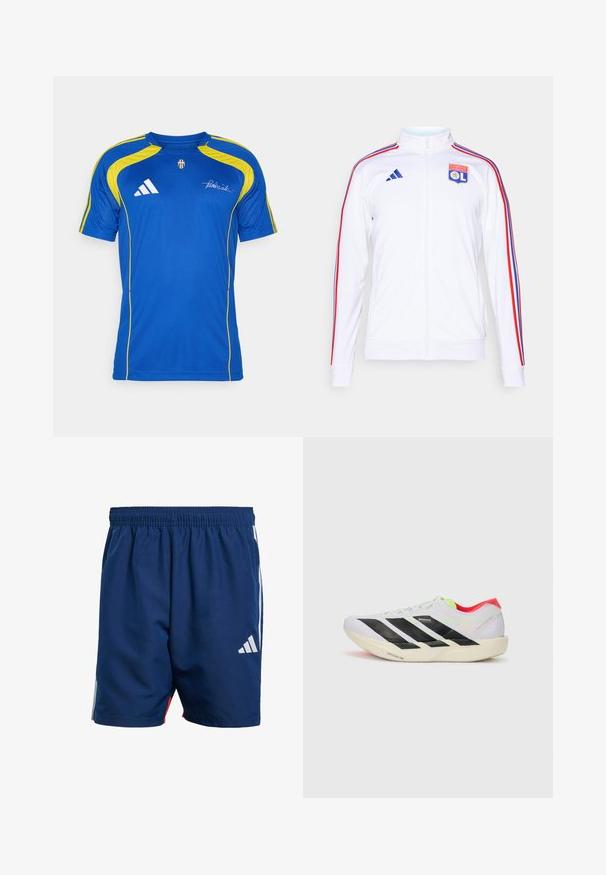 White athletic jacket with zip, featuring red and blue stripes on sleeves, and an Olympic Lyonnais logo on the chest. Made from synthetic material.; adidas Performance JUVENTUS TURIN URBAN PURIST JERSEY - Club wear - team royal blue; Navy blue athletic shorts with an elastic waistband, side white stripes, and a small white logo on the lower left leg. Lightweight material.; White running shoe with black stripes, neon green accents, and a red heel. Features a lightweight design and textured sole for grip.