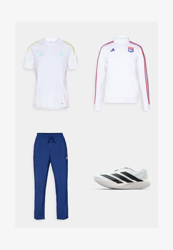Witte sportjacket met rits, voorzien van rode en blauwe strepen op de mouwen, en een logo van Olympique Lyonnais op de borst. Gemaakt van synthetisch materiaal.; Witte trui met korte mouwen, voorzien van lichtblauwe en gele schouderstrepen, roze zijnaad en een Juventus-logo.; Marineblauwe sportbroeken met een elastische tailleband en koord. Voorzien van een subtiele logo aan de zijkant en ritssluitingen bij de enkels.; Lichte hardloopschoenen in lichtblauw met zwarte strepen. Beschikt over een soepele bovenkant, ronde neusstuk en dikke witte tussenzool met het label "LIGHTSTRIKE PRO."