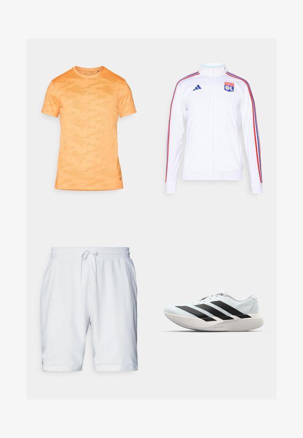 Biela športová bunda na zips, s červenými a modrými pruhmi na rukávoch a logom Olympique Lyonnais na hrudi. Vyrobené z polyesterového materiálu.; Krátky rukáv tričko s oranžovým maskáčovým vzorom, okrúhlym výstrihom a jemnou textúrovanou tkaninou. Detail bočného rozparku na leme. Ľahký dizajn.; Biele športové šortky s elastickým pásom a nastaviteľnou šnúrkou. Hladká tkanina s jemnou textúrou, s bočnými vreckami.; Ľahké bežecké topánky v svetlomodrej farbe s čiernymi pruhmi. Majú hladký zvršok, okrúle špičky a hrubú bielu medzipodrážku označenú "LIGHTSTRIKE PRO."