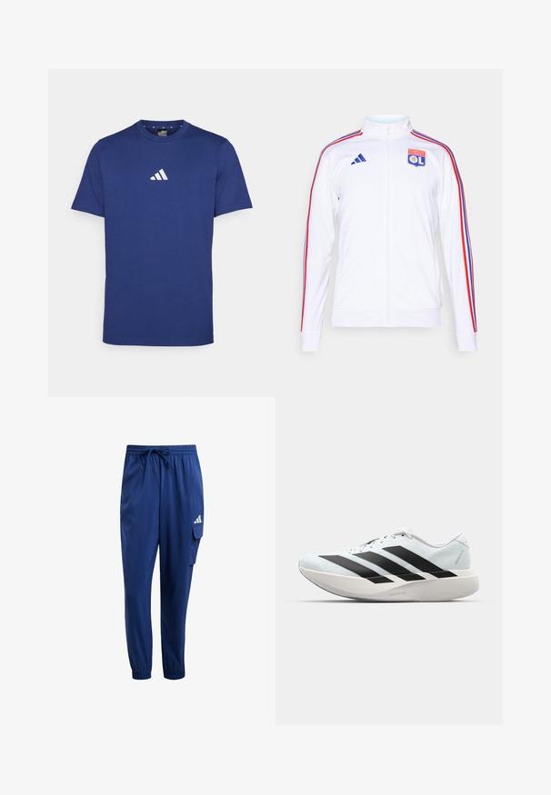 Biela športová bunda na zips, s červenými a modrými pruhmi na rukávoch a logom Olympique Lyonnais na hrudi. Vyrobené z polyesterového materiálu.; Námornícky modré bavlnené tričko s rebrovaným okrúhlym výstrihom, krátkymi rukávmi a bielym logom s tromi pruhmi na hrudi.; Námornícke modré športové nohavice vyrobené z ľahkého materiálu. Majú elastický pás s šnúrkou a bočnú cargo vrecko.; Ľahké bežecké topánky v svetlomodrej farbe s čiernymi pruhmi. Majú hladký zvršok, okrúle špičky a hrubú bielu medzipodrážku označenú "LIGHTSTRIKE PRO."