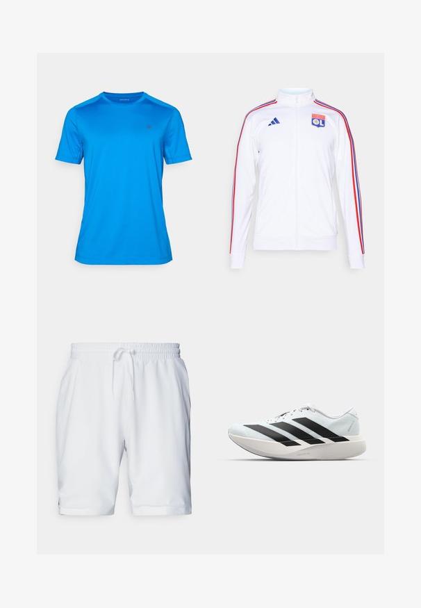 Balta sportinė striukė su užtrauktuku, su raudonomis ir mėlynomis juostomis ant rankovių, bei Olimpico Lione logotipu krūtinėje. Pagaminta iš sintetinės medžiagos.; Mėlyna trumpomis rankovėmis sportinė marškeliai, pagaminti iš glotnaus audinio. Turi apvalų iškirpimą ir mažą logotipą ant krūtinės. Švarus dizainas, be raštų.; Balti sportiniai šortai su elastingu juosmeniu ir reguliuojamu raiščiu. Lygus audinys su subtilia tekstūra, su šoninėmis kišenėmis.; Lengvi bėgimo batai šviesiai mėlynos spalvos su juodomis juostelėmis. Yra lygus viršus, apvalus pirštas ir storas baltas vidpadis su užrašu "LIGHTSTRIKE PRO."