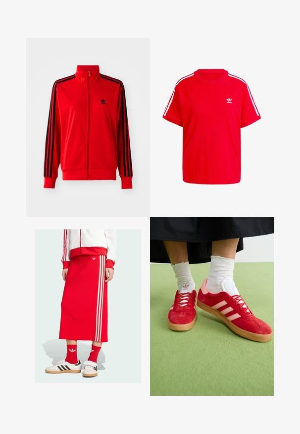 Punainen vetoketjullinen takki, joka on valmistettu sileästä kankaasta. Takissa on mustat sivuraidat, korkea kaulus ja pieni musta logo rinnassa.; Punainen puuvillapaita, jossa on pyöreä kaula-aukko, lyhyet hihat, valkoiset kolmonauhat korostukset olkapäillä sekä pieni valkoinen logo rinnassa.; Punainen neule midi-hame, jossa on kolme valkoista raitaa sivuilla, yhdistettynä valkoisiin lenkkareihin ja punaisiin sukkiin, esittelee urheilullista muotoilua.; Punaiset samettiset lenkkitossut, joissa on vaaleanpunaisia yksityiskohtia, valkoinen kolmiraidan logo ja punaiset kengännauhat. Käytetään valkoisten ribattujen nilkkasukkien kanssa vihreällä pinnalla.