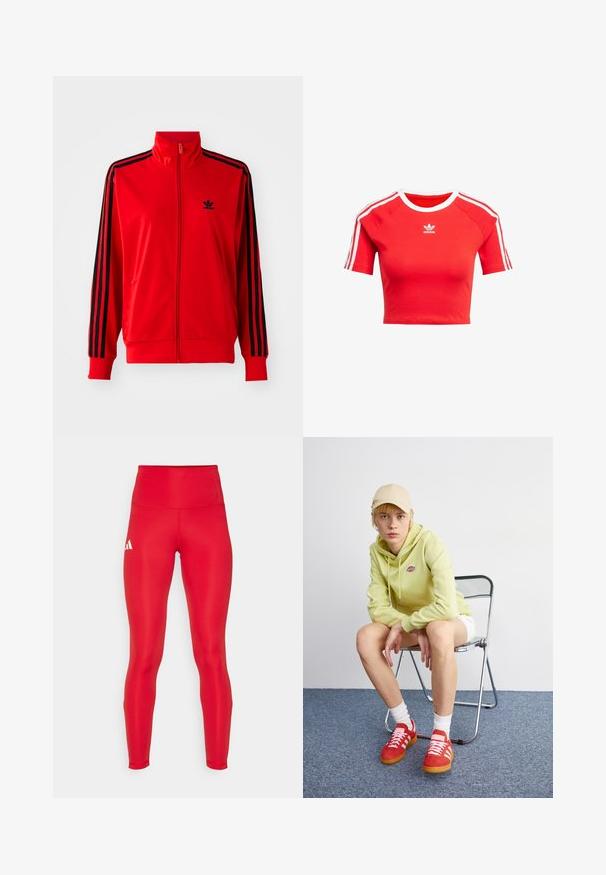 Crvena jakna na zip od glatkog materijala, s crnim bočnim trakama, visokim ovratnikom i malim crnim logom na prsima.; Crvena skraćena majica od pamuka, s kratkim rukavima s bijelim prugama i bijelim ovratnikom, te ima bijeli Adidas logotip sprijeda.; adidas Performance Tajice za trčanje - team power red; Svijetlozeleni dukserica s logom, bijele kratke hlače, crvene tenisice s bijelim prugama, sjedi na krom stolici koja se može sklopiti, naslonjen na neutralnu pozadinu.