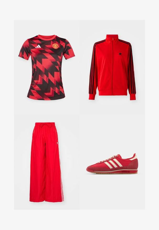 Rdeča jopica z zadrgo, izdelana iz gladkega materiala, z črnimi stranskimi črtami, visokim ovratnikom in majhnim črnim logotipom na prsih.; Rdeča in črna kratka nogometna majica s geometrijskim potiskom, na levi strani prsnega koša ima logo Manchester United, na desni pa logo Adidas.; Rdeče hlače širokih nogavic iz lahkotnega materiala, s belimi stranskimi črtami in elastičnim pasom z vrvico.; Rdeče atletke z teksturirano zgornjimi deli, tremi belimi črtami, okroglo konico in gumijastimi podplati ter logotipom na strani.