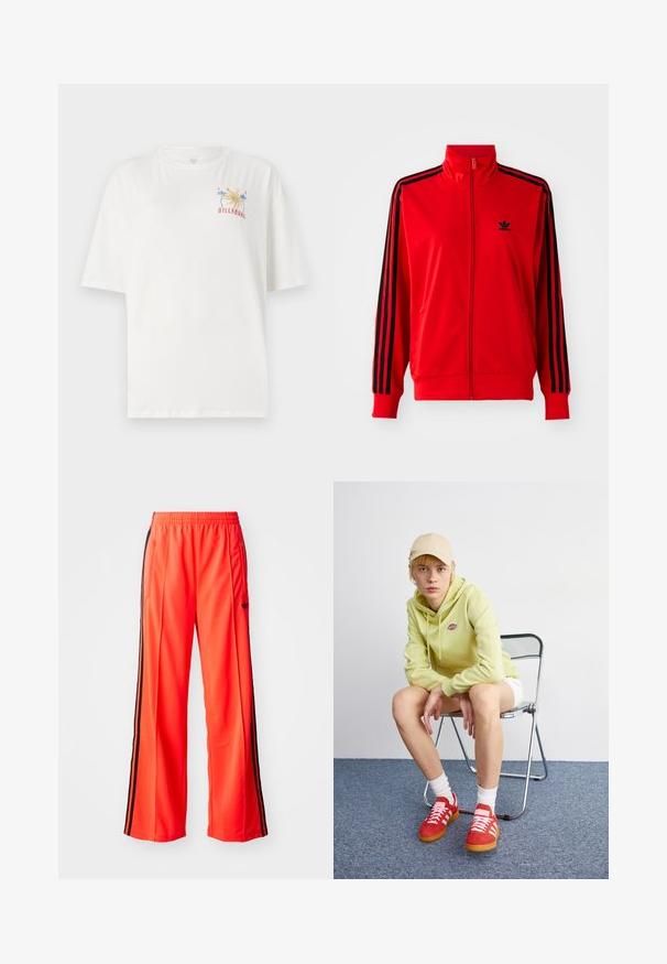 Rdeča jopica z zadrgo, izdelana iz gladkega materiala, z črnimi stranskimi črtami, visokim ovratnikom in majhnim črnim logotipom na prsih.; Bela bombažna majica s sproščenim krojem, ki ima barvit Billabong logotip s palmami in letnico "1973" izšito na levem prsnem predelu.; Svetlo oranžne atletske hlače širokega kroja, z črnimi stranskimi črtami in elastičnim pasom. Vključujejo žep z zadrgo.; Svjetlozeleni dukserica s logotipom, bijele kratke hlače, crvene patike s bijelim prugama, sjedi na krom stolici naslonjenoj na neutralnu pozadinu.