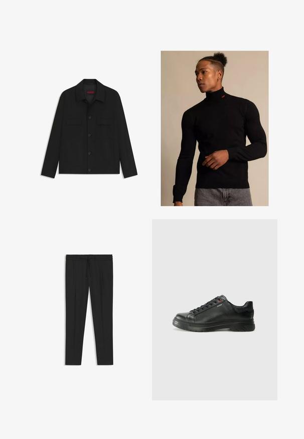 Zwarte jas met een knoopsluiting, twee borstzakken en een kraag. Gemaakt van gladde stof met een gestructureerd ontwerp.; Zwarte coltrui gemaakt van rib materiaal met lange mouwen. Heeft een klein rood logo op de hals. Draag het met een grijze spijkerbroek.; Zwarte broek met een Elastische tailleband, voorzien van een trekkoord. Getailleerde pasvorm met zijzakken en een soepele, lichte stof.; Zwarte leren sneaker met een gestructureerde bovenkant, gevoerde kraag en rode logo-details. Heeft een dikke rubberen zool met een opvallend loopvlakpatroon.