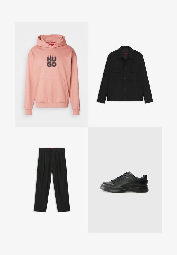 Svart jacka med knappstängning fram, två bröstfickor och krage. Tillverkad av slät tyg med en strukturerad design.; Rosa hoodie i mjukt tyg med en känguruficka. Har en svart "HUGO"-logotyp centralt placerad med flammande accenter ovanför.; Svarta byxor med vikta detaljer, bred benform och en slät textur. Har en röd midjebandsetikett.; Svart lädersneaker med texturerad ovandel, vadderat krage och röd logotypdetalj. Utrustad med en tjock gummisula med distinkt mönster.