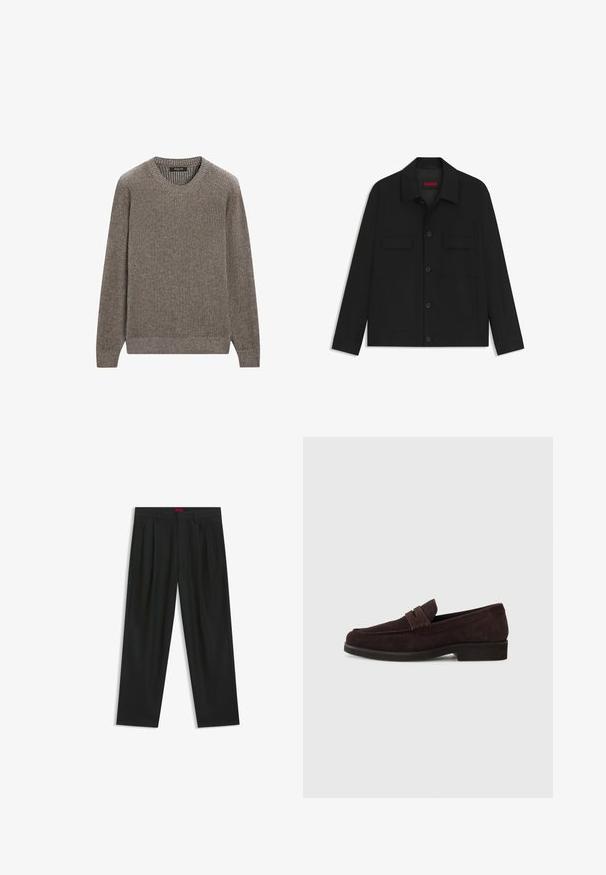 Svart jacka med knappstängning fram, två bröstfickor och krage. Tillverkad av slät tyg med en strukturerad design.; Brun ribbade stickade tröja med rundad halsringning och långa ärmar, med en strukturerad tyg och åtsittande muddar och fåll. Enkel design.; Svarta byxor med vikta detaljer, bred benform och en slät textur. Har en röd midjebandsetikett.; Bruna mocka loafers med låg profil och rund tå. Har ett dekorativt band över ovandelen, platt gummisula och ingen synlig sömnad.